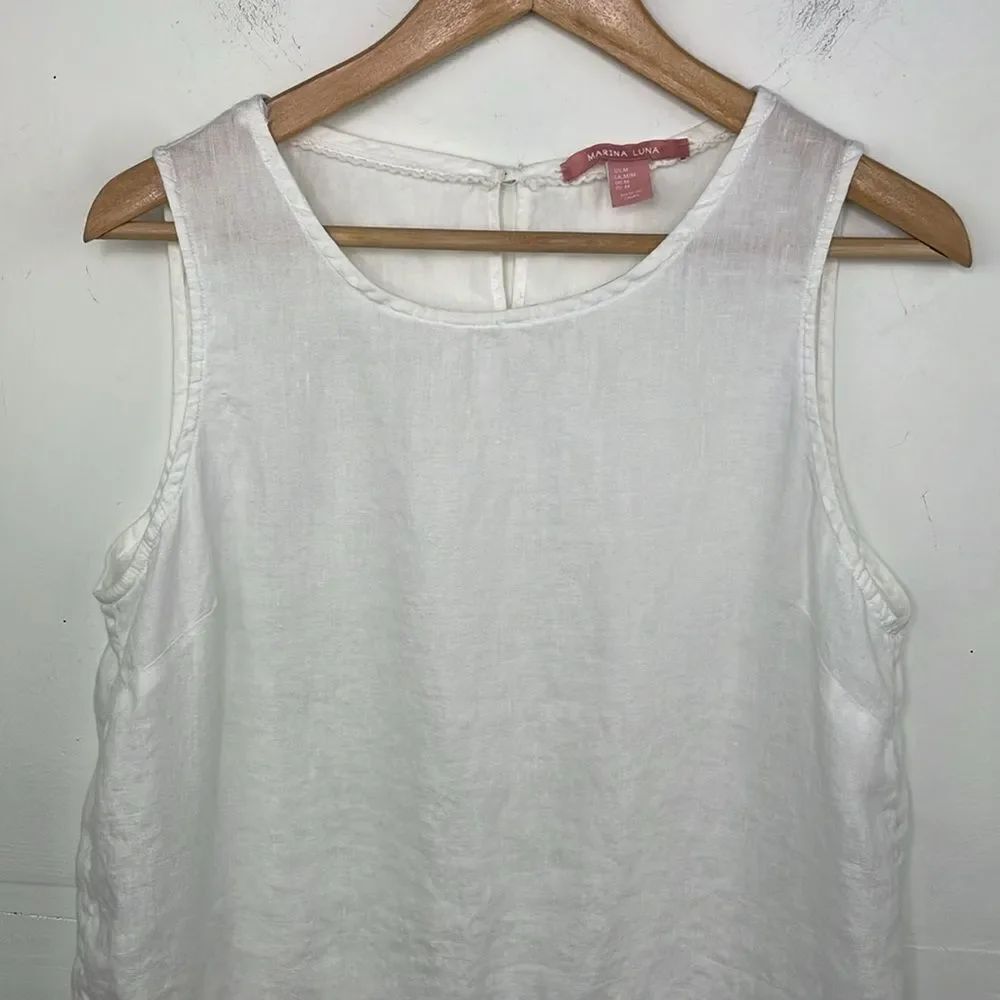 Marina Luna Linen White Crochet Trim Sleeveless Top size Medium - Picture 2 of 13